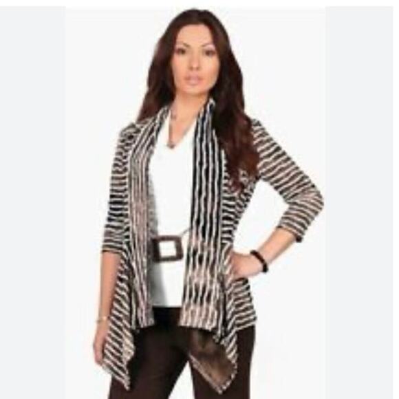 FRANK LYMAN DESIGN Brown and White Striped Textured Open Front Cardigan Size 10 - Picture 1 of 9